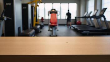 A minimalist image featuring an empty wooden table in a fitness gym setting photo