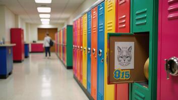 Vividly colorful lockers populate an energetic locker room setting photo