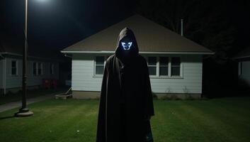 Hooded intruder with glowing eyes tries to break into house at night photo