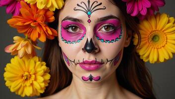 Closeup portrait featuring woman adorned with Day of the Dead makeup surrounded by flowers photo