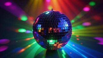 Colorful disco ball illuminating an event party scene at night photo