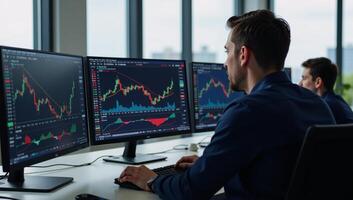 Trading analysis on multimonitor setup with stock market data and financial graphics in office setting photo