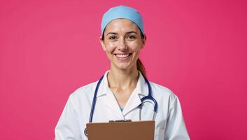 A cheerful doctor holds a clipboard against a vibrant pink backdrop photo