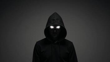 A hooded figure with glowing eyes against a dark backdrop photo
