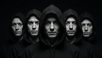 Hooded figures gather before a backdrop of darkness photo