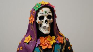 Stylized depiction of La Santa Muerte as a floral sugar skull grim reaper in Mexican style photo