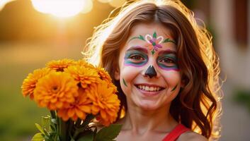 A smiley girl with colorful sugar skull makeup holds orange marigold bouquets in a sunlit setting photo