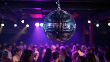Discothemed party scene with a reflective disco ball hanging from the ceiling photo