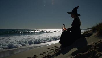 Minimalist Halloween witch portrait on the beach highlighting mystery during spooky season photo