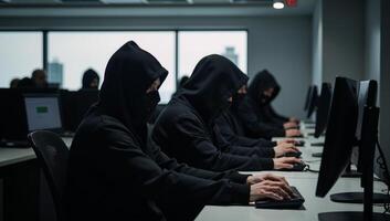 Call Center Scammers Criminals in masks and headsets at work with computers photo