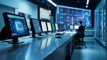 Overseeing Hydrogen Energy Production in Advanced Control Room Techno Futuristic photo