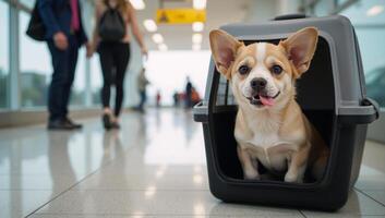 Cute dog awaits departure with pet carrier at airport styled as a whimsical neuralnetwork illustration photo