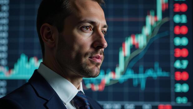 Profile view of mans head surrounded by stock market graphs photo