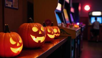 Retro arcade game room illuminated by Halloween pumpkins photo