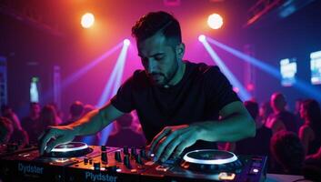 DJ spinning tunes at a lively club with glowing deck and strobes under pulsing neon lights Club Night Track Mixing Party Atmosphere photo