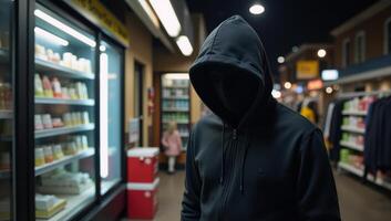 A hooded figure depicted as a retail robber committing urban crime at night photo