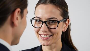 Businesswoman sharing strategy ideas with mentor sporting black glasses and silver earring displaying an animated expression through an open mouth large nose and striking combination of brown and blue photo