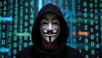 Digital art depicting a hacker wearing the Anonymous mask and hoodie amidst dark binary code backdrop photo
