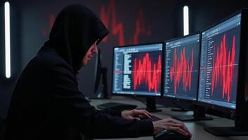 An intriguing hooded figure engrossed in cybersecurity data analysis amidst dynamic red digital visuals photo