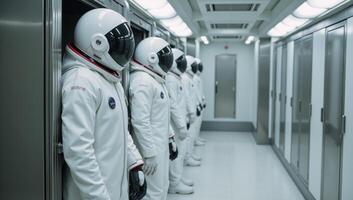 Futuristic spaceship hallways showcase rows of suspended white spacesuits in lockers photo