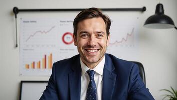 A contented financial analyst surrounded by growth charts photo