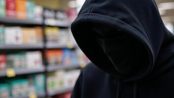 Criminal depicted as hooded silhouette stealing from store photo
