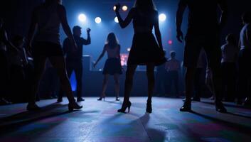 People silhouetted dancing at a club scene with a blurry backdrop photo