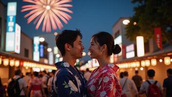 A romantic Japanese couple basks in fireworklit summer nights during a festive evening in Tokyo while dressed in traditional yukatas photo