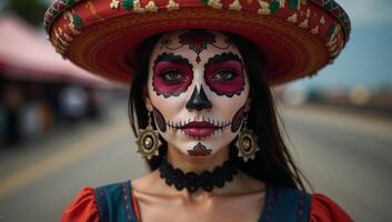 A captivating diverse digital art piece showcasing a sexy woman adorned in Day of the Deadinspired sugar skull makeup and Mexican masks photo