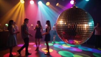 A disco ball illuminates a lively dance floor with soft musical beats photo