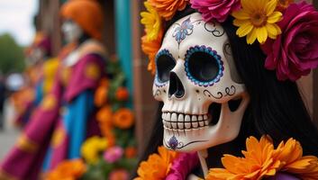 A Mexican Day of the Deadinspired portrait featuring a Halloweenthemed La Catrina design adorned with scientific elements and a human skull motif photo