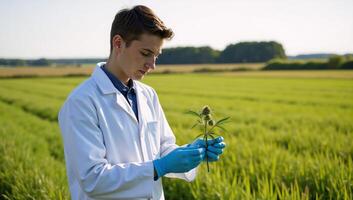 Scientist examines cannabis plant in field Lab Coat photo
