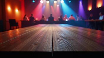 An empty wooden table stands amidst a blurred disco club backdrop for product demonstration photo