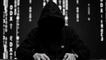 Image portrays a Matrixinspired hackers silhouette wearing a hoodie with distinctive patterns photo