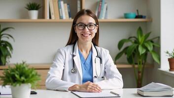 A cheerful glasswearing doctor attends to patients amidst plants and books in a neatly organized clinic photo