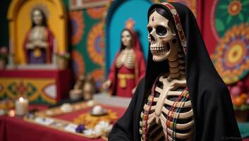 A depiction of La Santa Muerte as a skeletal figure with robed clothing and carrying a scythe or staff commonly associated with Mexican folklore photo