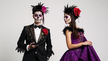 A Da de Los Muertos depiction of both a Male and Female Catrina adorned with sugar skull makeup photo