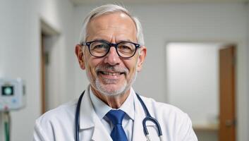 A confident caring elderly doctor beams warmth while dressed professionally in a medical setting photo