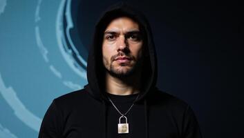 Hooded man with determined look holds emblem of protection before a digitally crafted backdrop photo