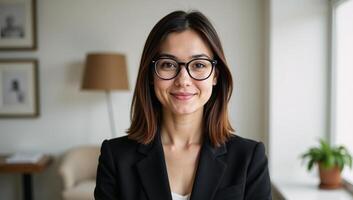 Young professional woman posed confidently within a busy corporate environment photo