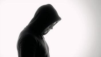 Dark isolated portrait of a hooded hacker in a black silhouette against a stark white backdrop photo