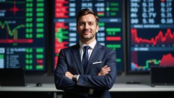 A businessman standing before a stock ticker photo