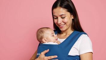 A woman tenderly holds a slumbering infant in a blue baby carrier amidst a pink setting photo