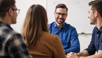 Bearded man discusses with others while seated at a desk with whiteboard and wearing glasses photo