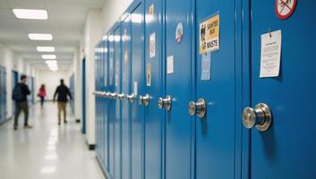 Modern high school hallway features neat rows of blue metal lockers each sporting a unique mix of stickers and magnets on combination locks under bright lighting HD 8K photo
