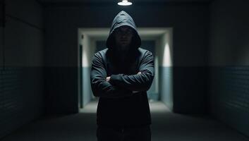 Man in hooded jacket appears in dimly lit corridor photo