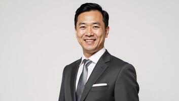 Portrait of an Asian businessman in a grey suit exuding confidence and friendliness against a purewhite backdrop photo