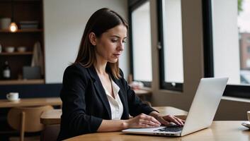 Businesswoman deep in thought with laptop notebook at a busy coffee shop photo