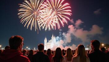 People enjoy watching fireworks during nighttime festivities photo