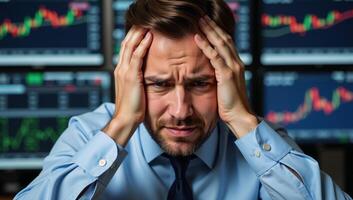 Stressedout investor in distress amidst stock charts and financial news photo